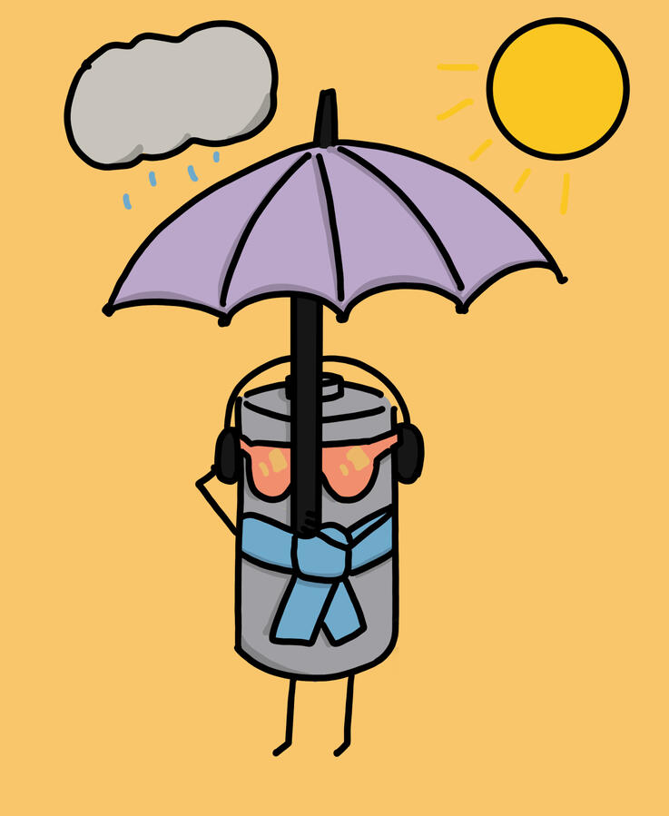 An illustration of a battery wearing sunglasses and a scarf and holding an umbrella