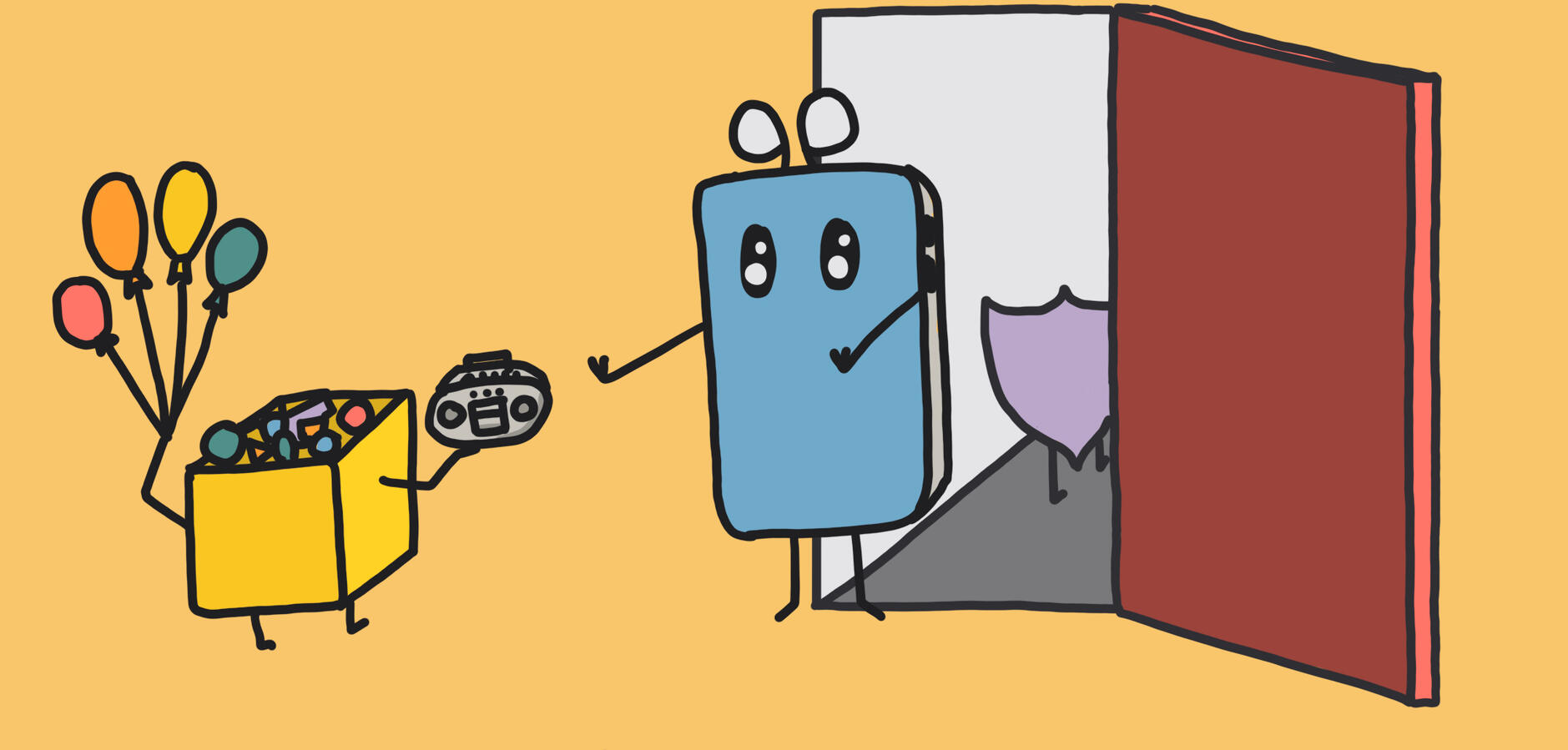 Illustration of a smartphone-shaped bouncer refusing entry to a box full of stuff that is holding balloons and a boombox while allowing entry to a shield symbolizing security.