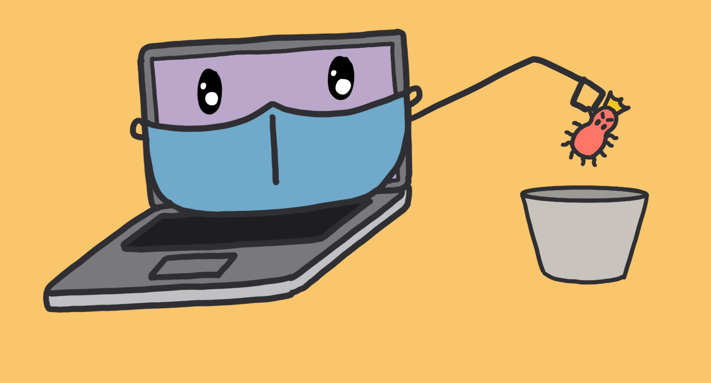Illustration of a laptop wearing a face mask and holding out a virus over a trash can.