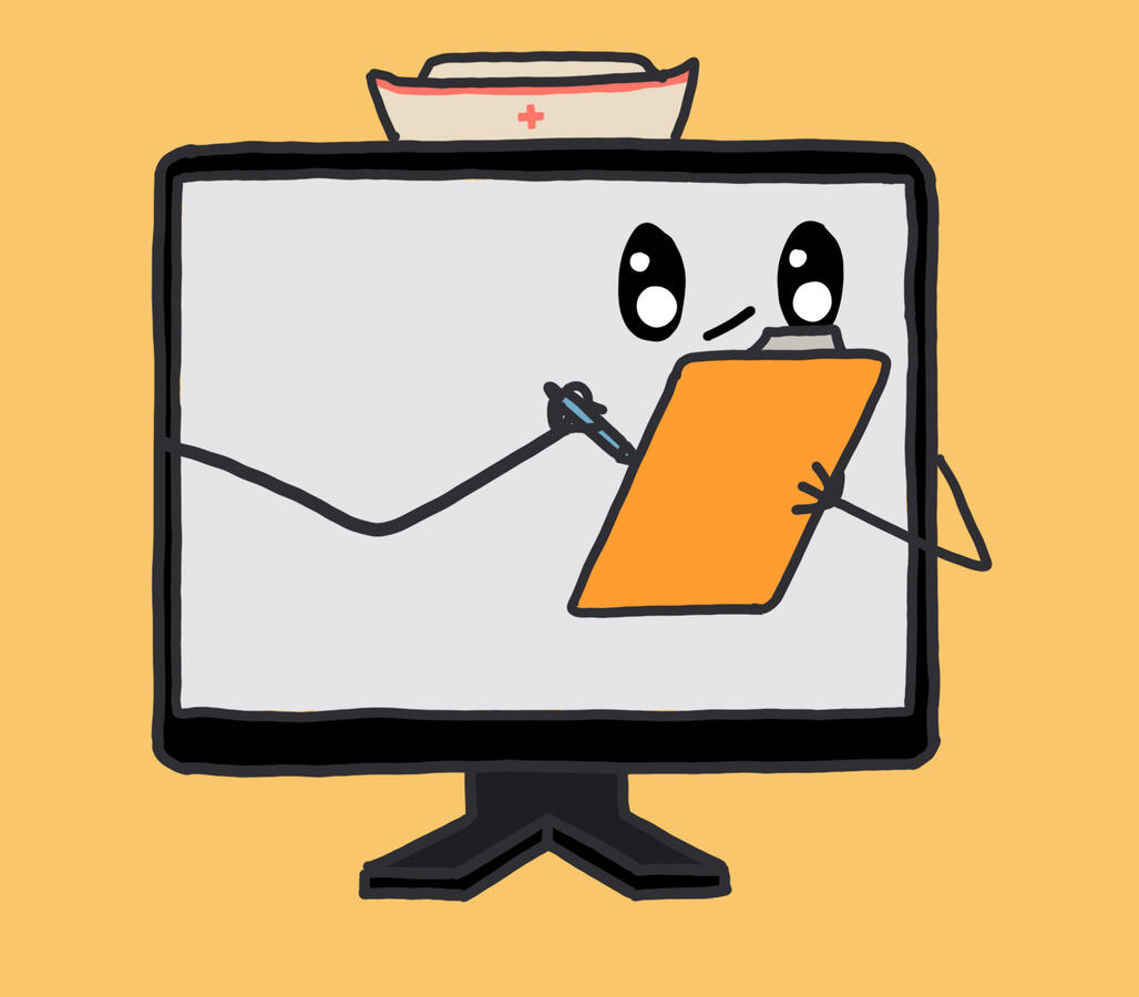An illustration of a computer wearing a nurse’s hat and holding a clipboard and pen.