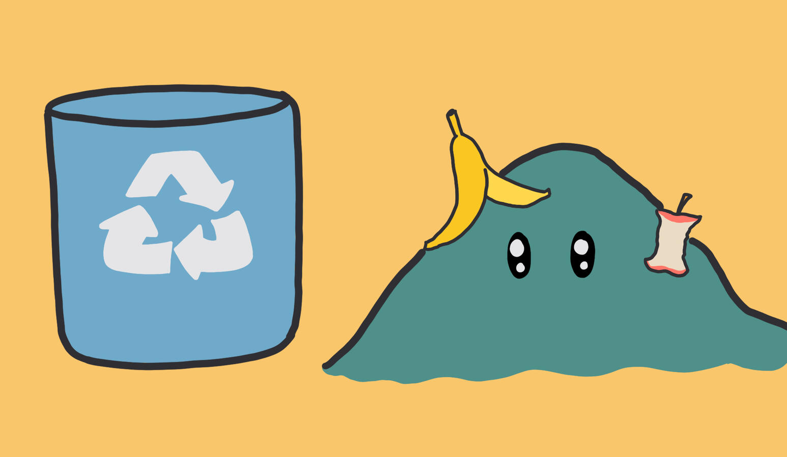Image of a recycling bin next to a pile of landfill that includes a banana peel and apple core.