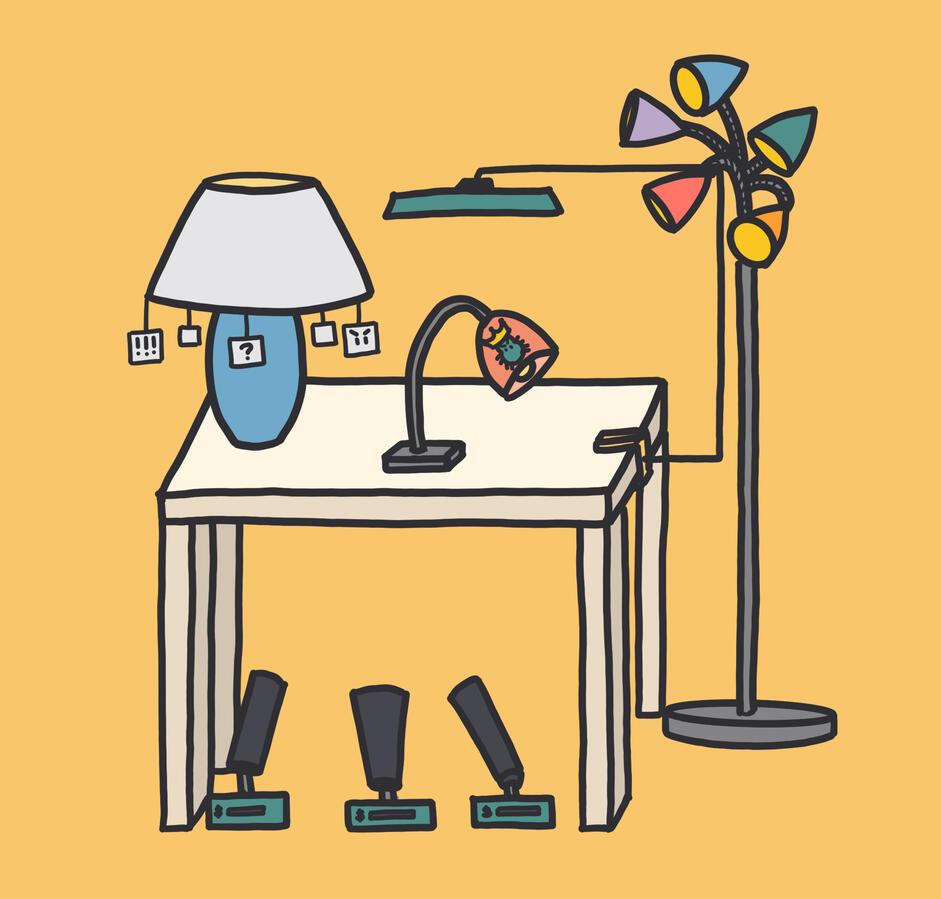 An illustration of a room full of lamps, some of which have ads attached to them and some have viruses. Most are pointing to the same area.