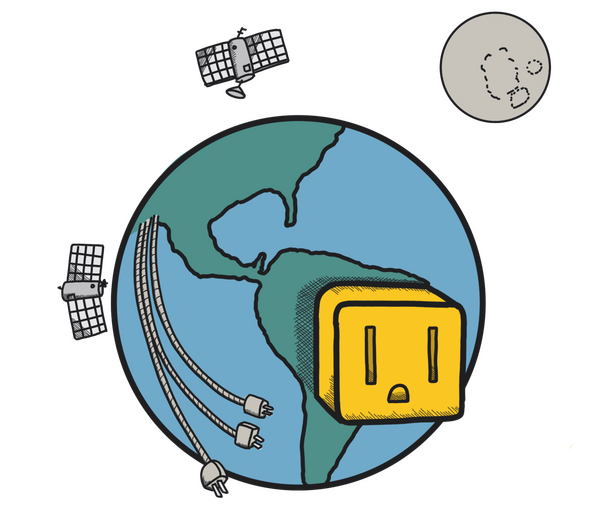 An illustration of the planet with a giant power plug over Central and South America and a bunch of power cables coming from North America