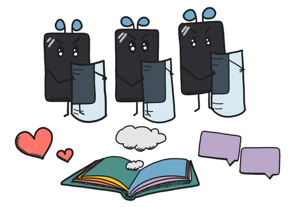 Challenge Power An illustration of three smartphones holding shields (like police officers) facing a book, ideas, love, and conversations which can be used to challenge power.