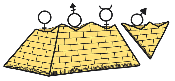 An illustration of a toppled pyramid