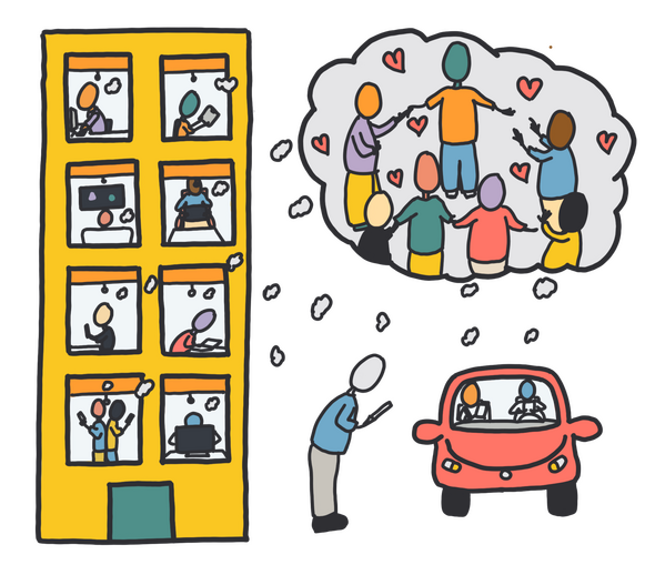 Consider Context An illustration of a building full of people who are by themselves or not directly engaging with each other because each is absorbed with a screen-based technology. Each is dreaming of being together in community and belonging with each other.