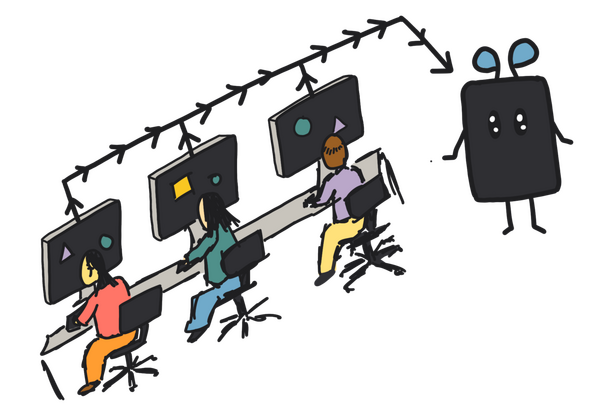 An illustration of a group of people working at computers to power a smartphone.
